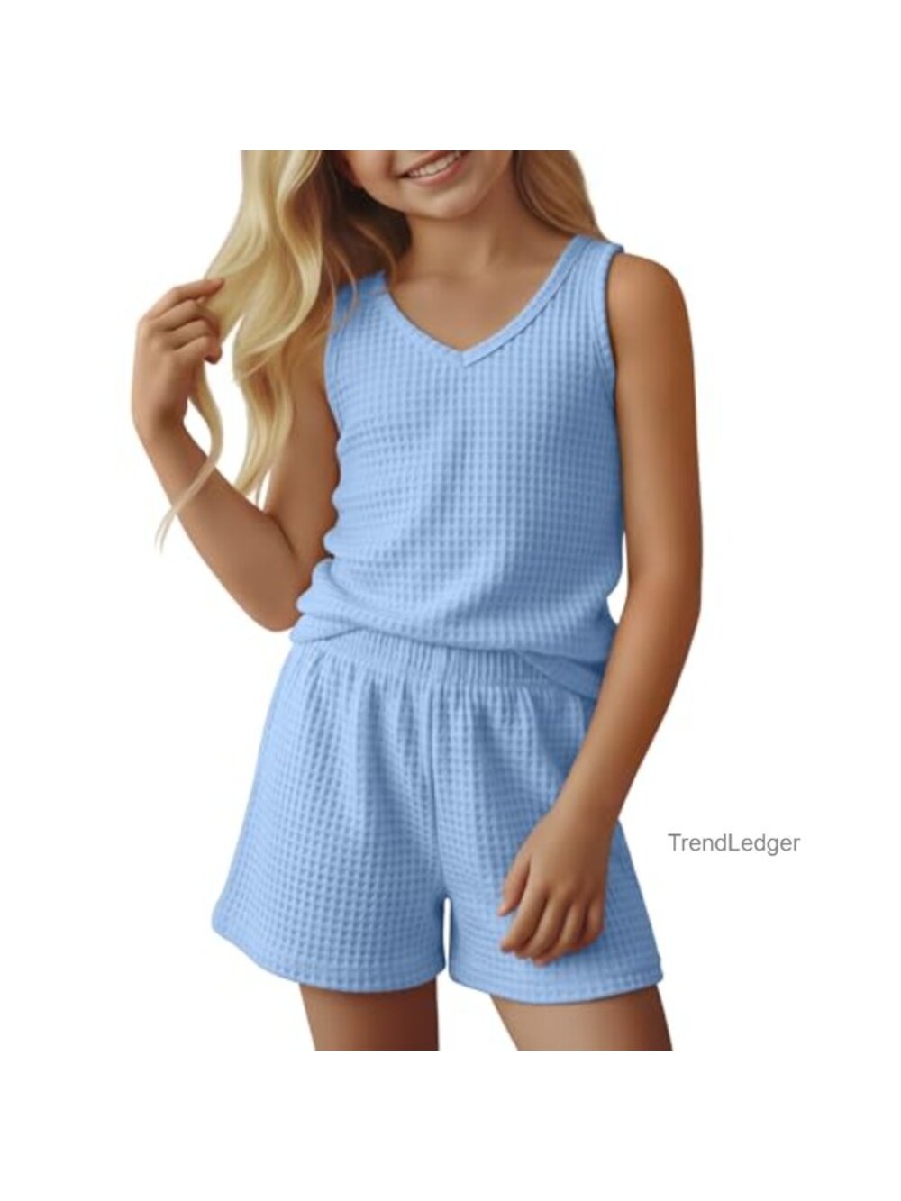 Girls Waffle Knit Sleeveless Top and Shorts Set 2-Piece Summer Outfit